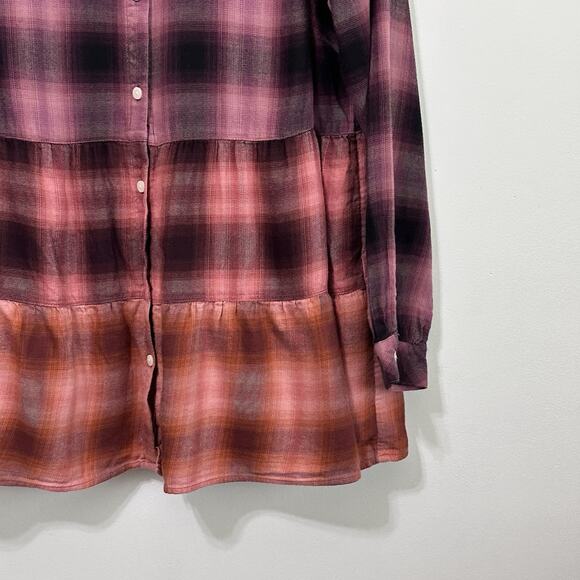 J Jill Cotton Ombre Plaid Shirt Tunic M Long Sleeve Button Front Fall Peplum Top - Picture 2 of 10